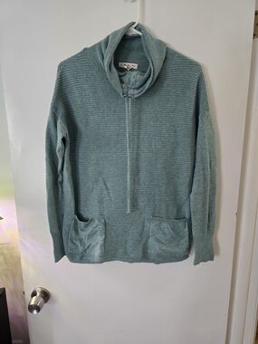 Dakini Teal Zip-Up Ribbed Funnel Neck Sweater